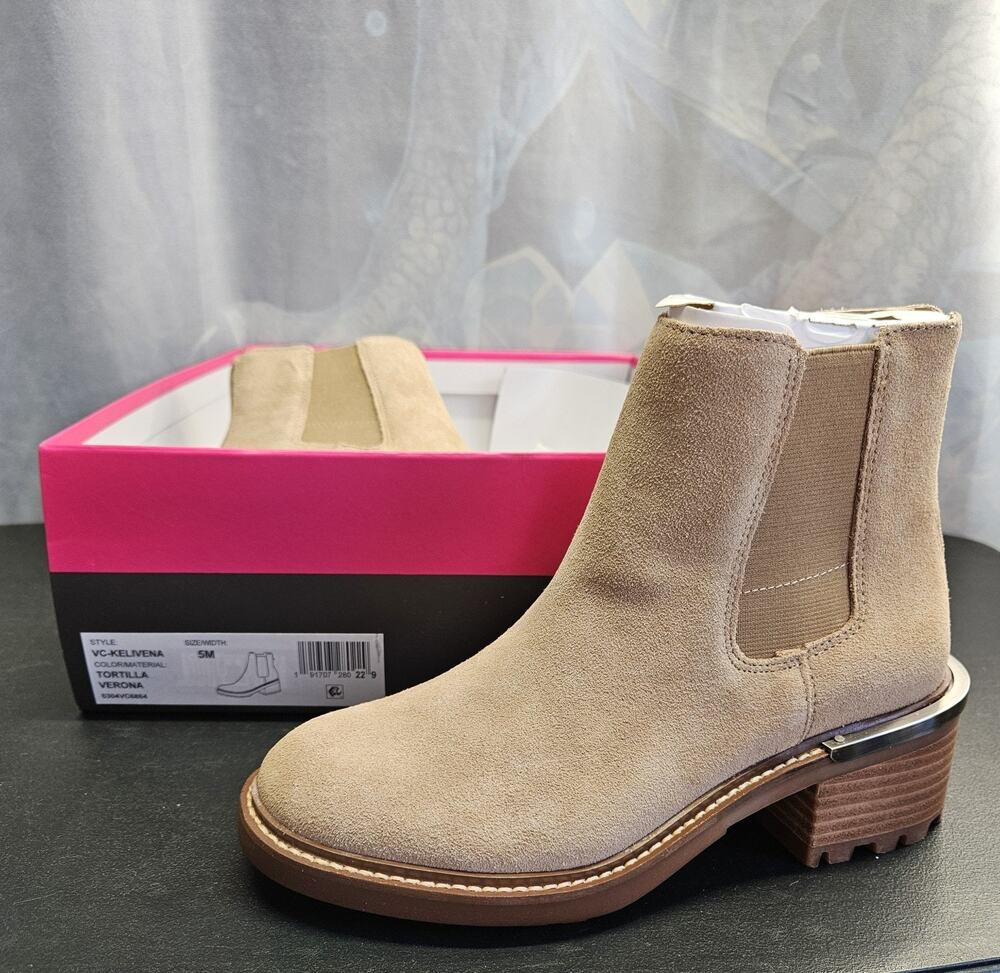 Vince Camuto Kelivena Chelsea Ankle Boots Women's 5M Tortilla Suede Lug Heel NIB